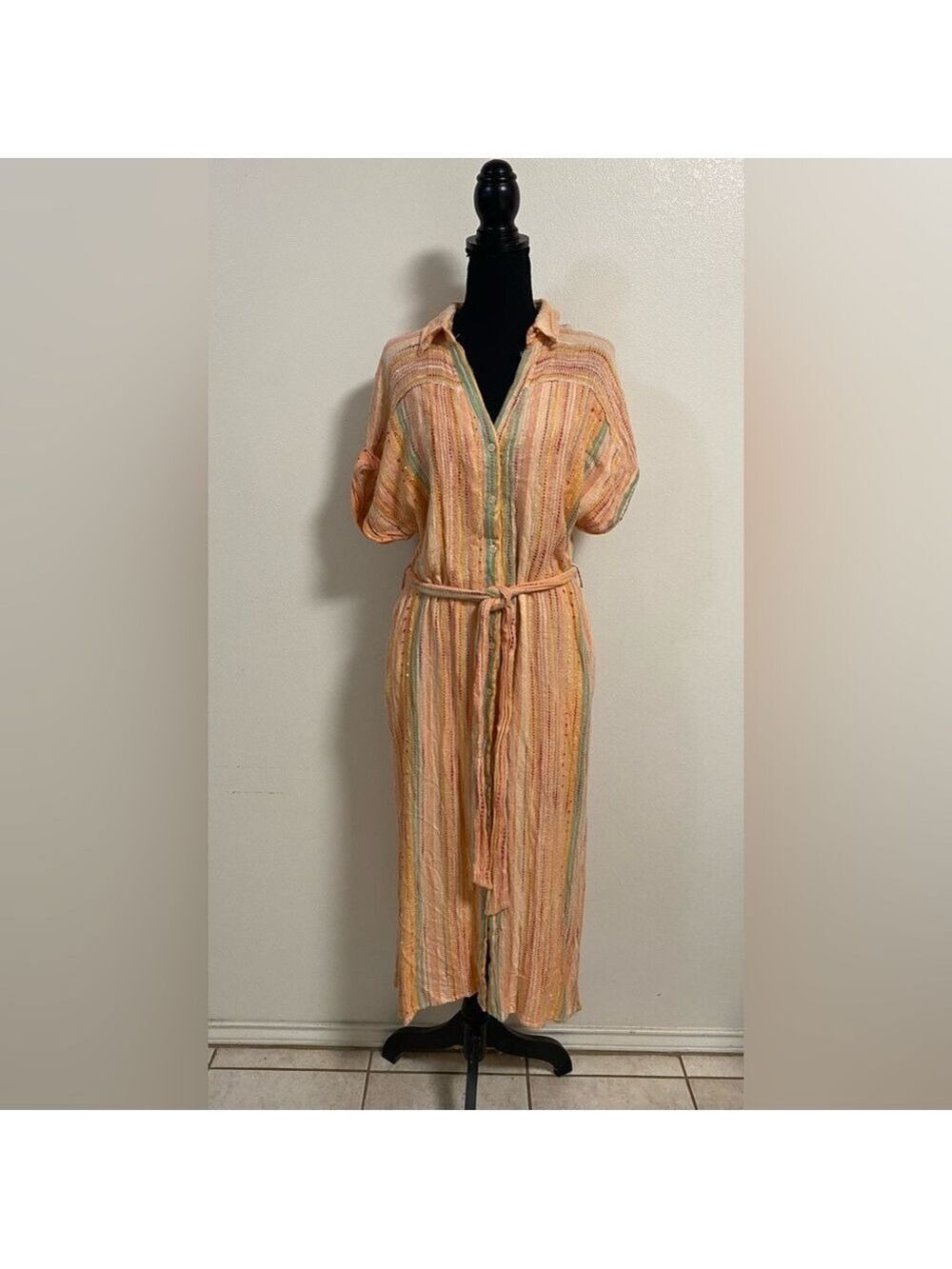 En Creme Dress Women Size Medium Peach Stripe Gauzy Material Midi Dress Textured